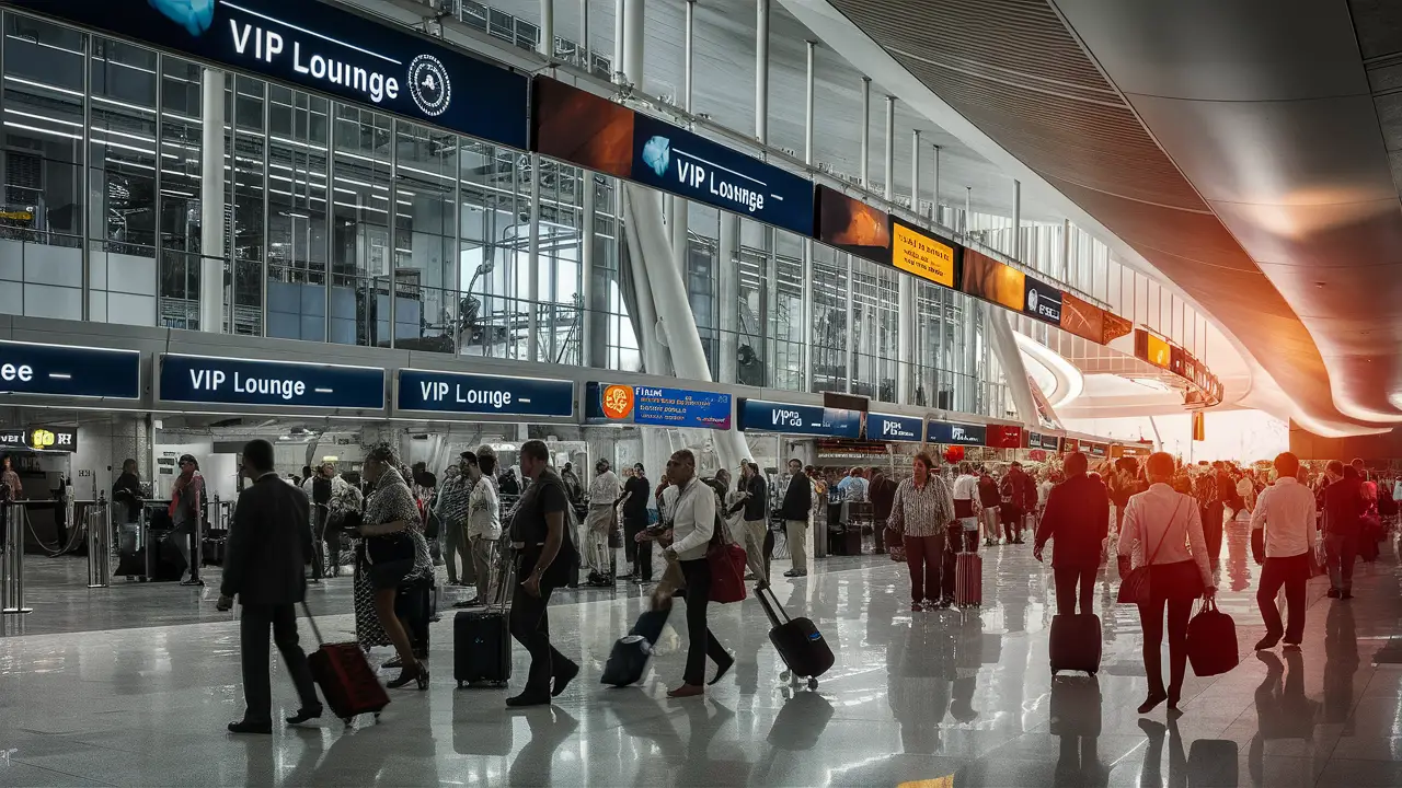 Interior movimentado do terminal do aeroporto com sinalização para a Sala VIP em destaque.