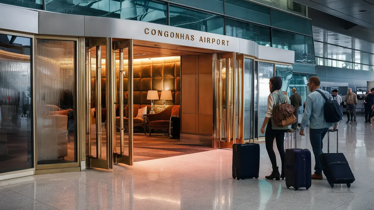 Entrada de lounge VIP no Aeroporto de Congonhas com portas de vidro e viajantes com bagagens ao redor.