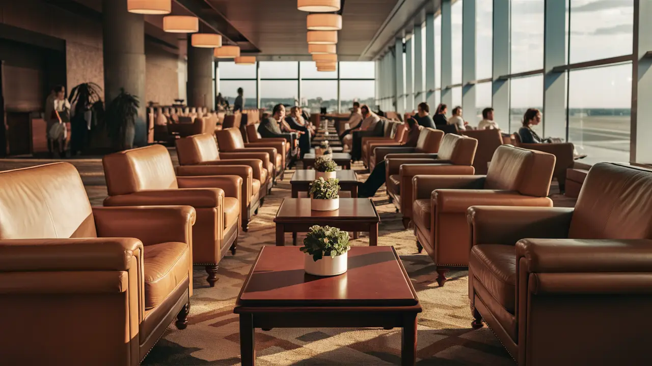 Pessoas relaxando em confortáveis cadeiras de couro em uma sala VIP de aeroporto com vista para a pista.