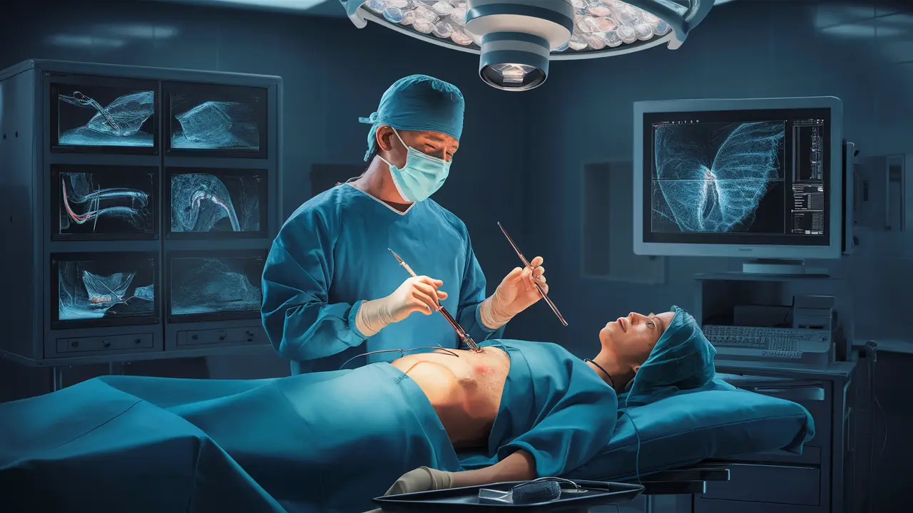 Cirurgião de azul realiza cirurgia laparoscópica em sala esterilizada.