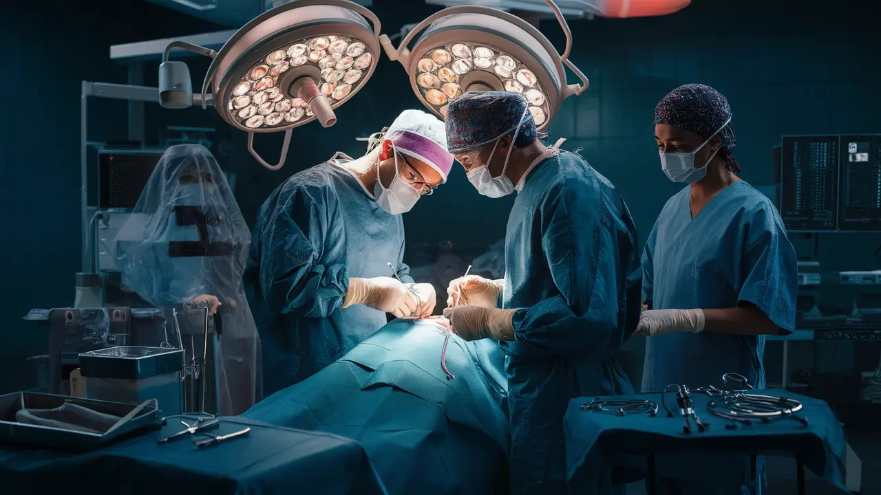 Médico realizando cirurgia antirrefluxo em paciente na sala de operação, rodeado por equipamentos e assistentes.