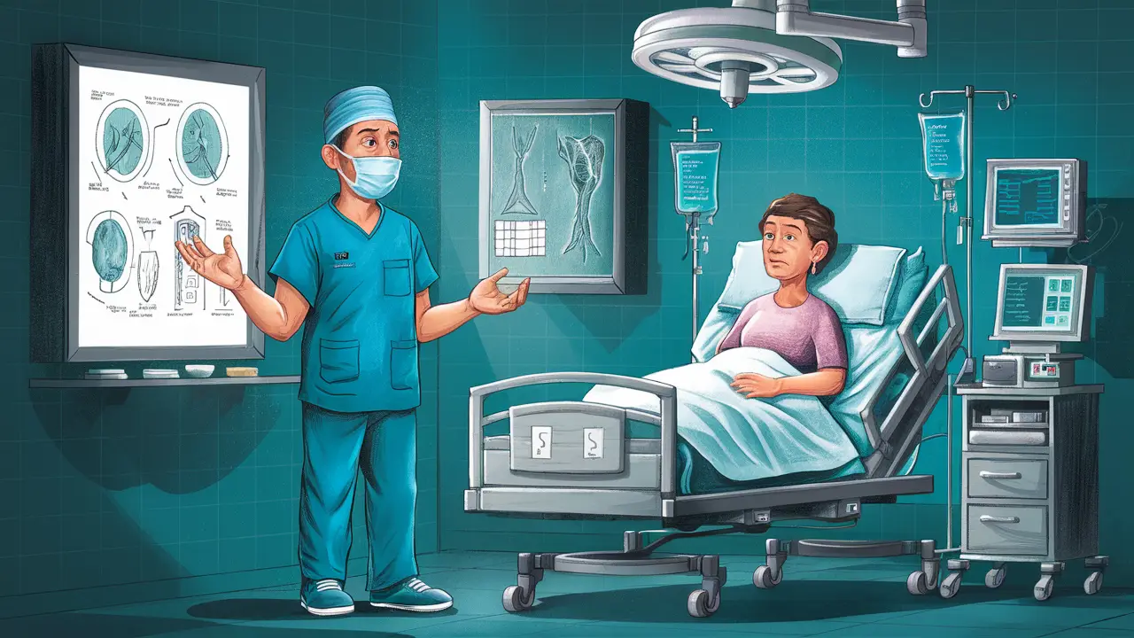 Cirurgião em sala de hospital explicando diagramas de cirurgia ao paciente em cama com monitores e soro intravenoso.