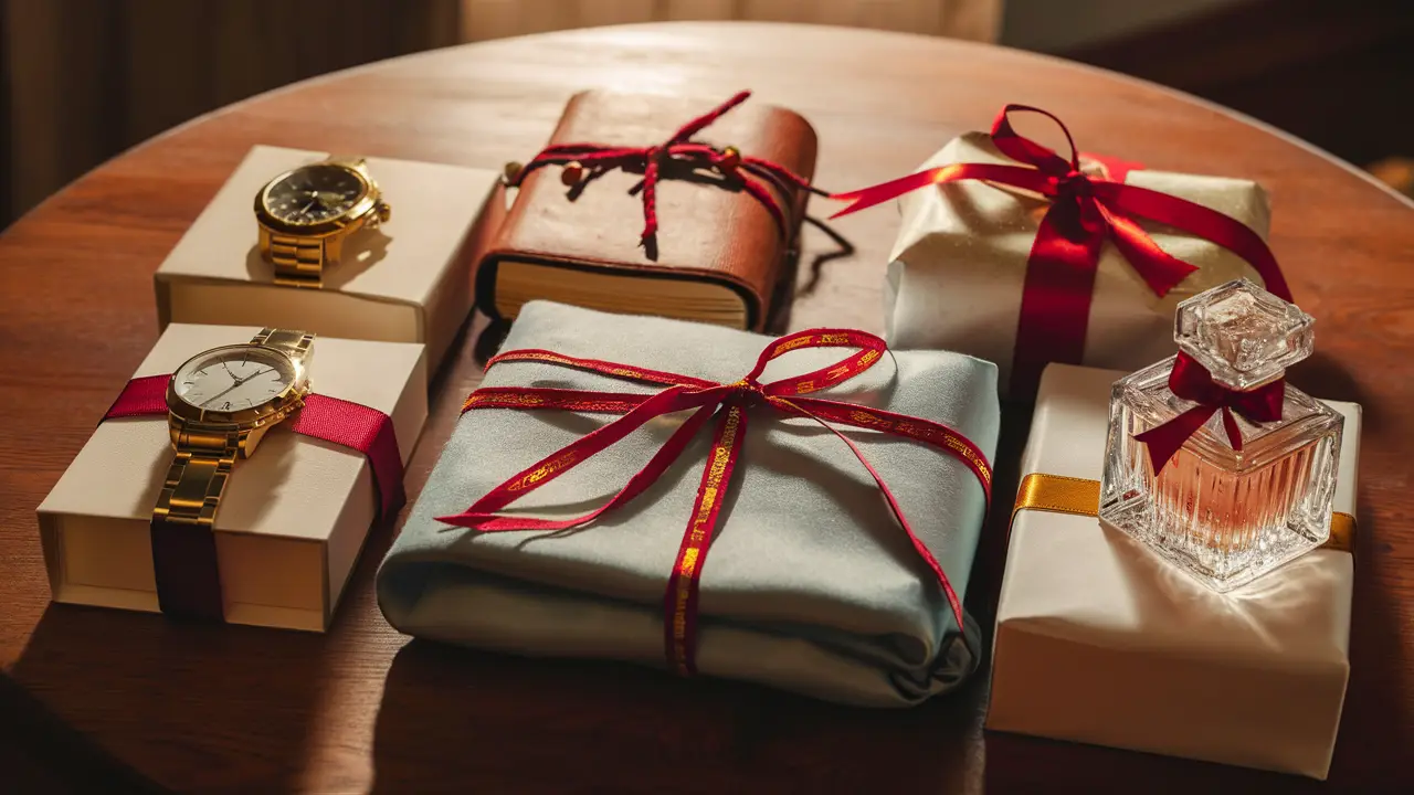 Seleção de presentes de Natal luxuosos em uma mesa de madeira, incluindo relógio, diário de couro, cachecol de seda e perfume.