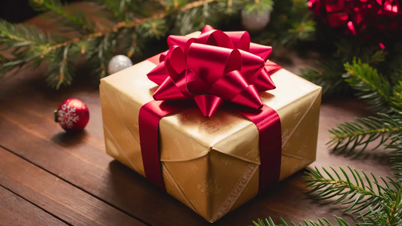 Caixa de presente dourada com laço vermelho sobre mesa de madeira, cercada por ramos de pinheiro e ornamentos festivos.