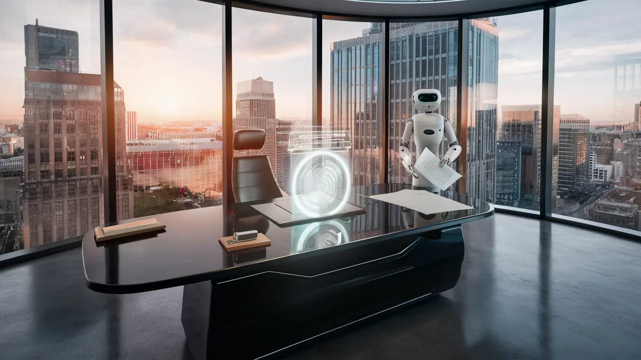 Escritório de advocacia moderno com mesa preta e holograma, assistente robô e janelas do chão ao teto com vista para a cidade.
