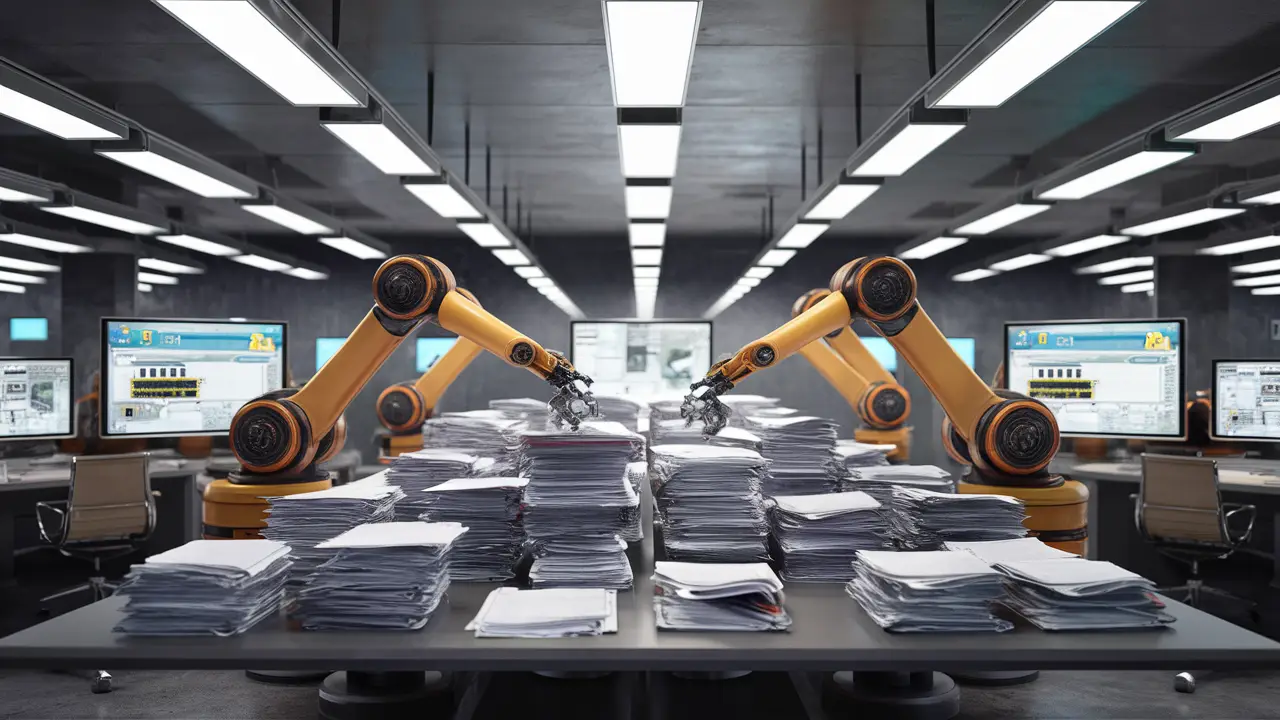 Braços robóticos organizando documentos em um escritório futurista com telas de computador exibindo processos de automação.