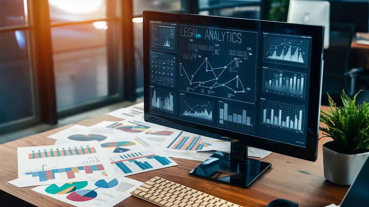 Monitor preto em escritório mostrando análises de dados legais com gráficos e plantas em mesa de madeira.