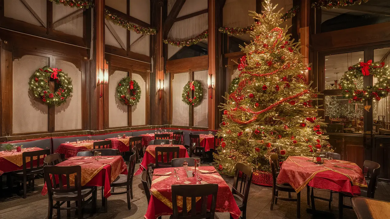 Árvore de Natal grande e decorada em restaurante com mesas cobertas por toalhas vermelhas e douradas.