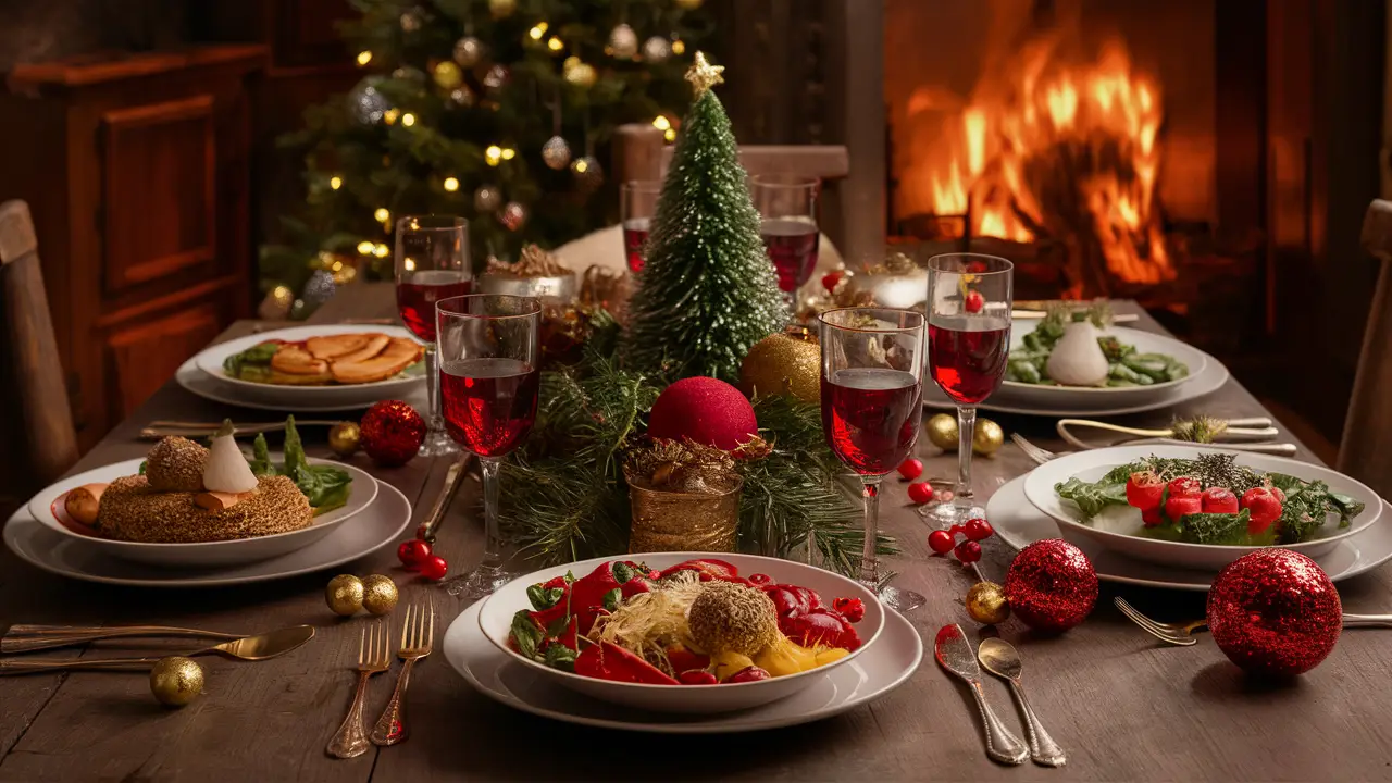 Mesa decorada com pratos natalinos, incluindo peru dourado e enfeites de Natal, com luzes festivas ao fundo.