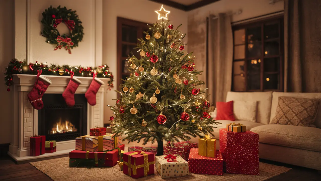Sala de estar com árvore de Natal decorada, presentes, lareira com meias penduradas e guirlanda na parede.