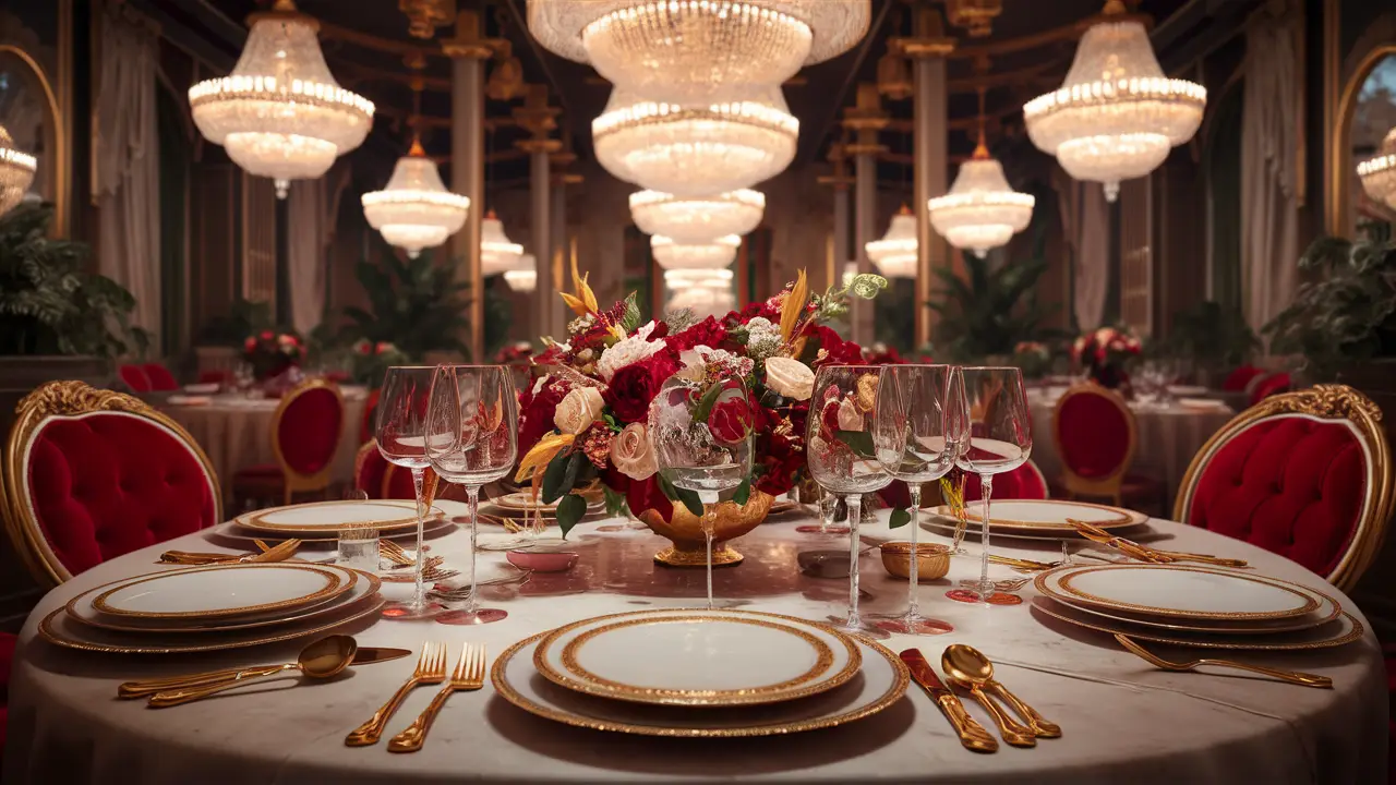 Mesa de jantar luxuosa com cadeiras de veludo vermelho, talheres dourados e lustres elegantes em um restaurante sofisticado.