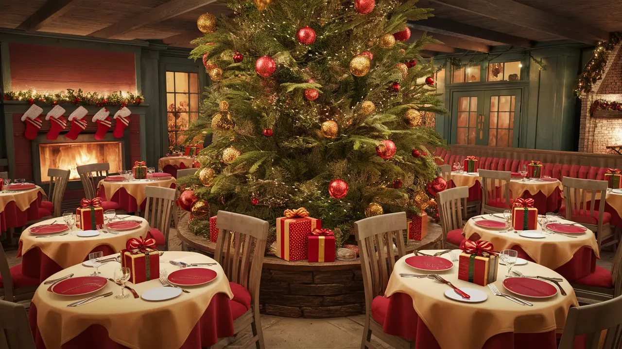 Interior de restaurante com árvore de Natal no centro e mesas com louças vermelhas e douradas.