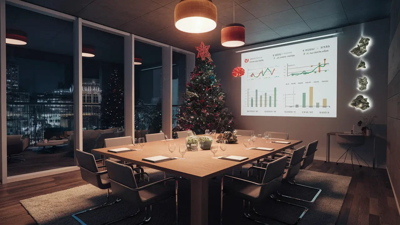 Sala de reuniões com árvore de Natal, mesa de madeira e projetor exibindo gráficos.