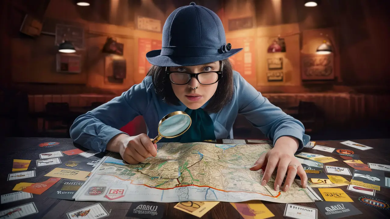 Pessoa com chapéu de detetive em frente a mapa grande com logos de restaurantes e lupa.