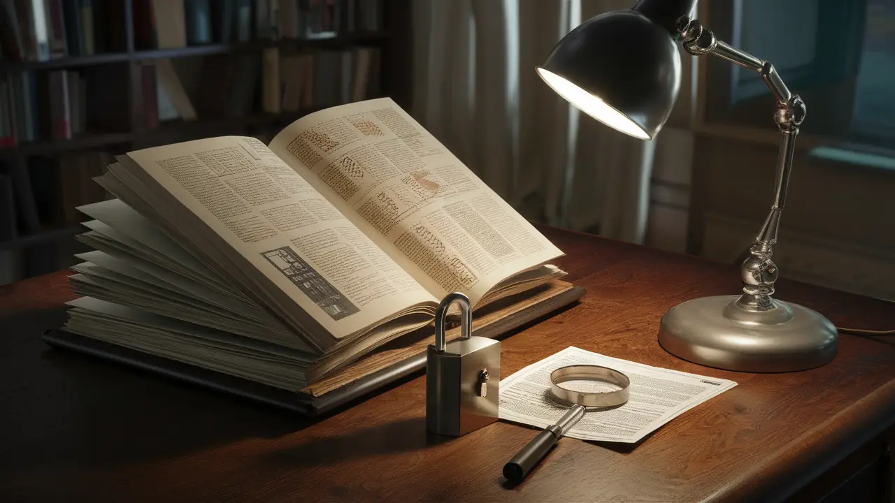 Livro aberto com cadeado prateado e lupa sobre mesa de madeira sob luz suave de abajur.