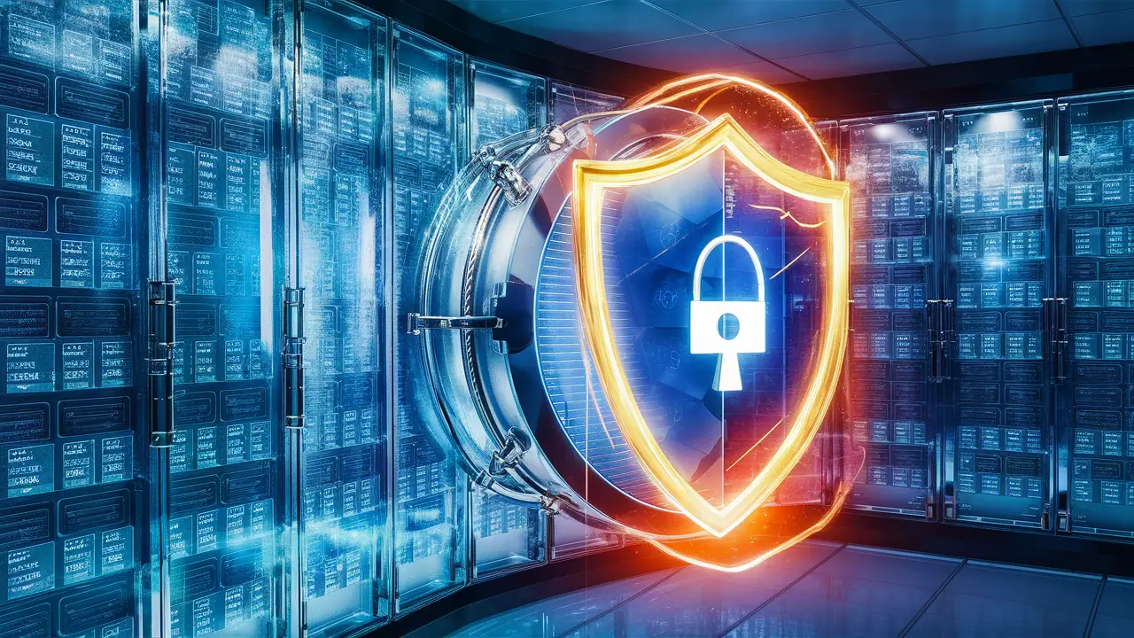 Cofre digital transparente exibindo folhas de dados organizadas e símbolos de privacidade com escudo protetor.