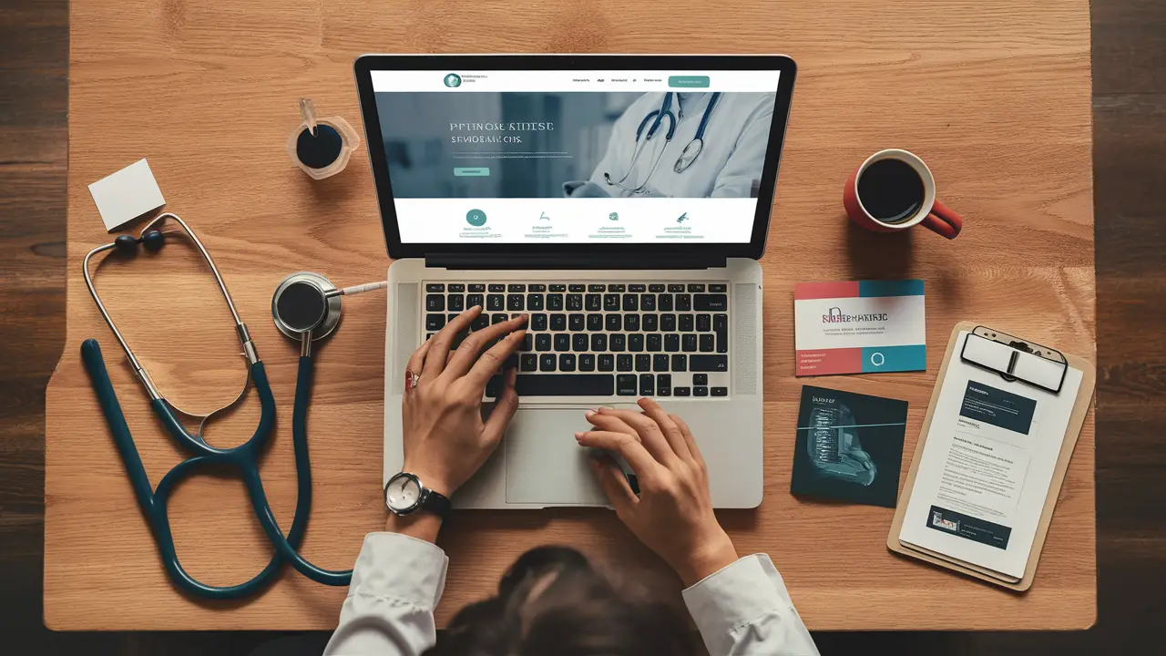 Laptop mostrando site profissional em mesa de consultório médico com estetoscópio e cartões de visita.