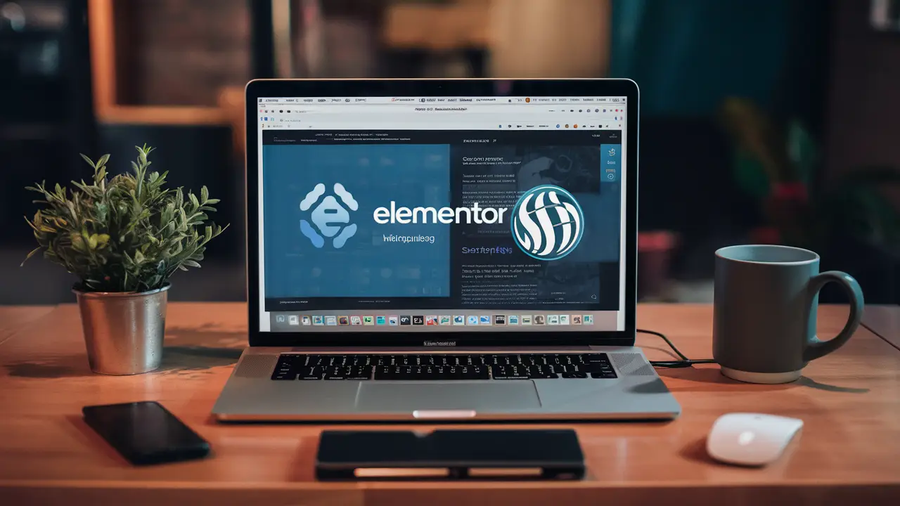 Laptop mostrando logos do Elementor e SEOPress, com um vaso de planta e uma caneca de café na mesa.