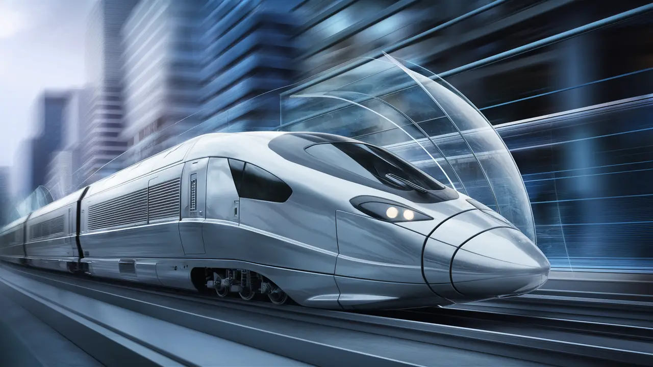 Trem de alta velocidade prateado em movimento com barreira transparente simbolizando segurança.