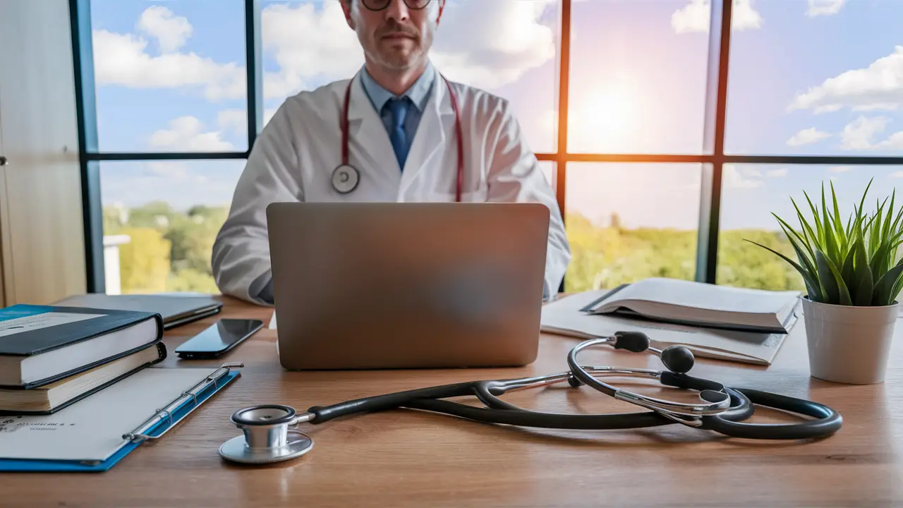 Médico em consultório moderno trabalhando em laptop com livros e estetoscópio na mesa e janela ao fundo.