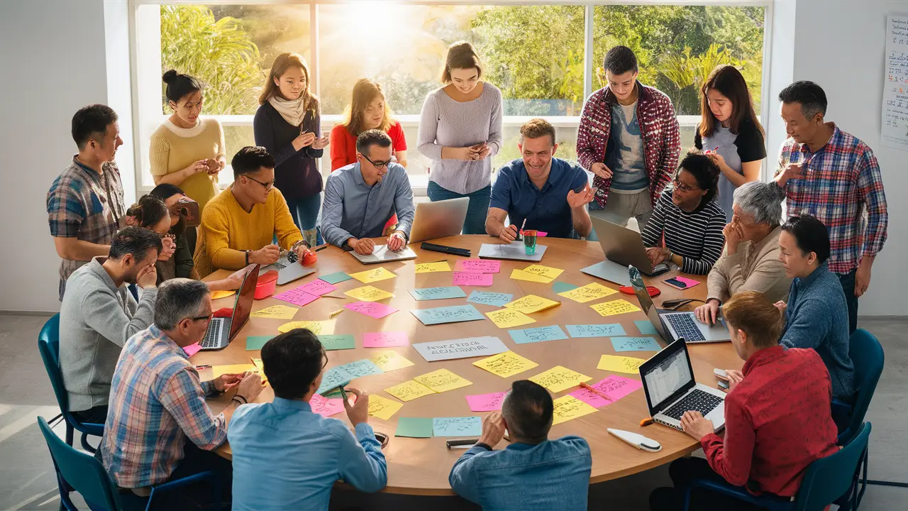 Pessoas diversas em uma sessão de brainstorming em sala de reuniões moderna com notas adesivas e laptops.