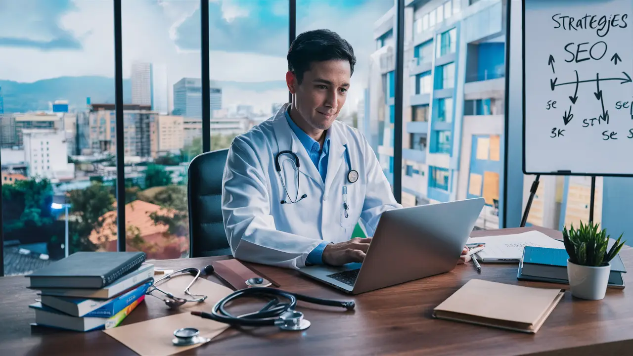 Doutor em jaleco digitando no laptop em escritório moderno com livros médicos e quadro branco com estratégias de SEO.