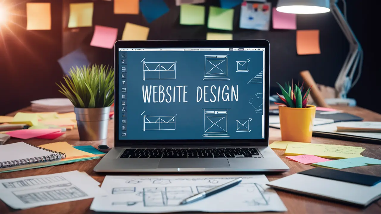 Laptop com software de design de site, cadernos de esboço e notas adesivas em mesa de madeira.