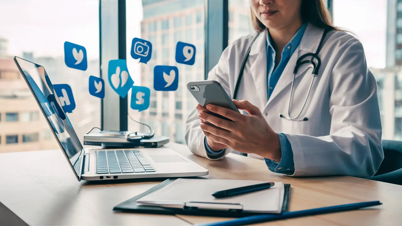 Médico em jaleco branco usando smartphone em frente a laptop com ícones de redes sociais e janela com paisagem urbana.