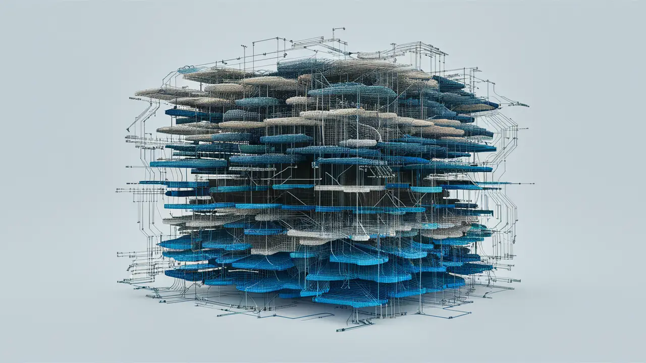 Blueprint técnico de uma estrutura de site com camadas interconectadas em tons de azul e cinza.