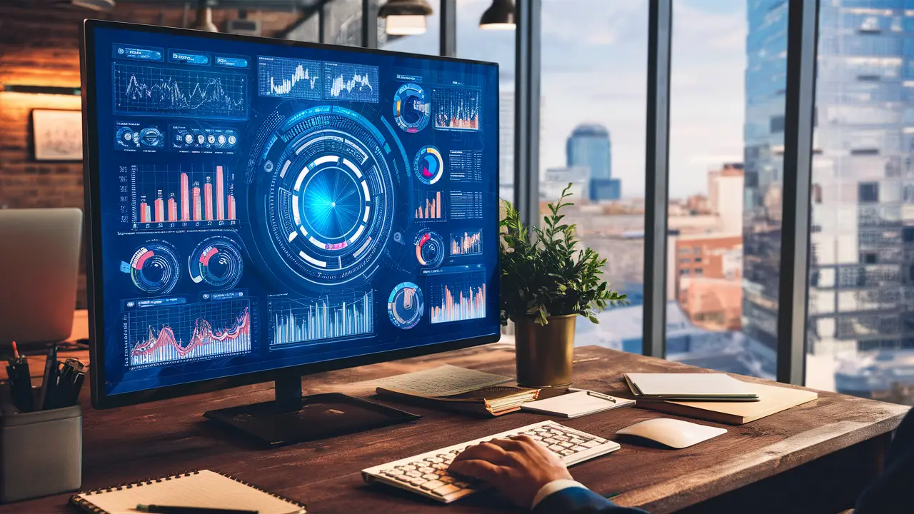 Tela de computador exibindo painel de desempenho SEO com gráficos e tabelas em escritório moderno.