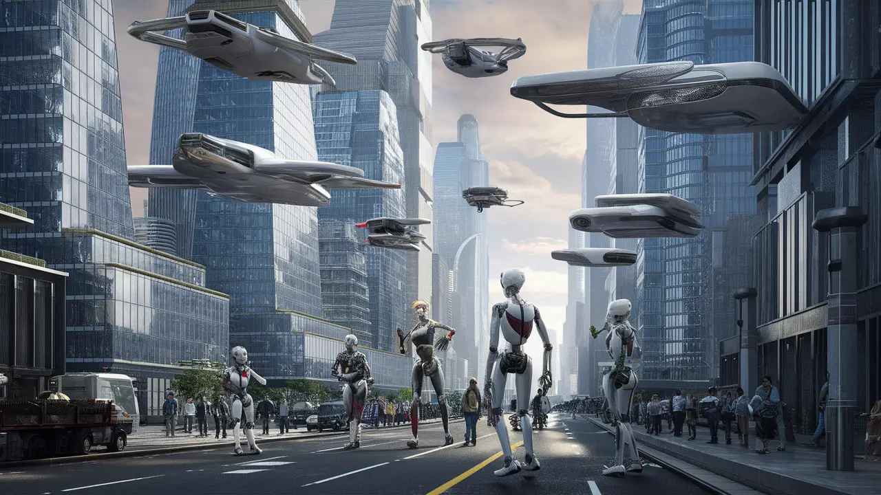 Robôs humanoides e veículos autônomos em uma cidade futurista com aranha-céus de vidro e aço.