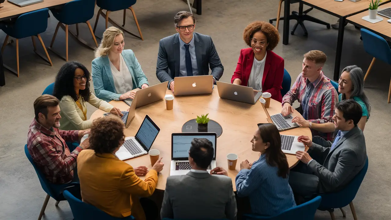 Pessoas de diversas idades e estilos sentadas ao redor de uma mesa redonda em um escritório moderno.