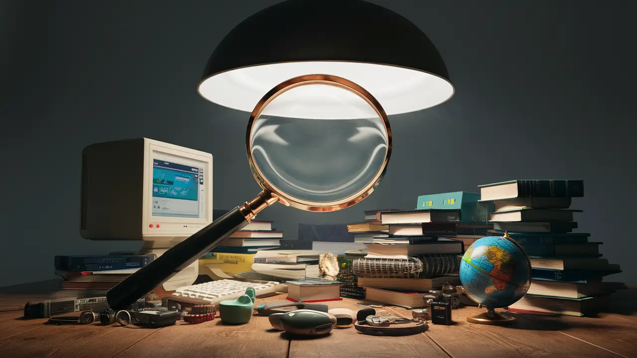 Uma lupa sobre objetos variados como um computador, livros e um globo em uma mesa de madeira iluminada.