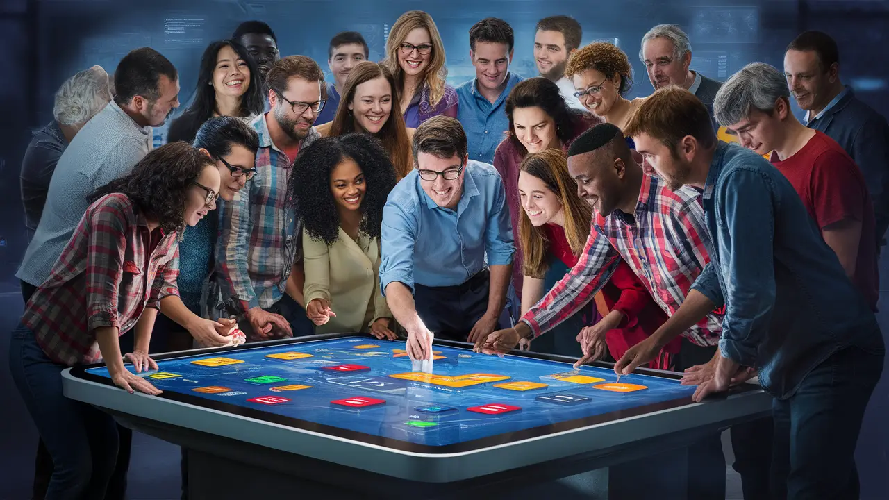 Pessoas diversas colaborando em uma mesa touchscreen, criando uma interface digital com blocos e ícones coloridos.
