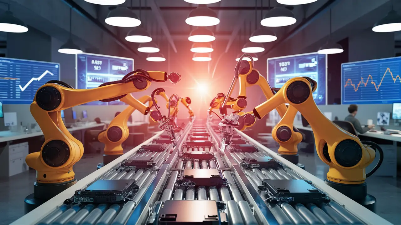 Robotic arms montando eletrônicos em esteira em um escritório moderno com telas digitais ao fundo.