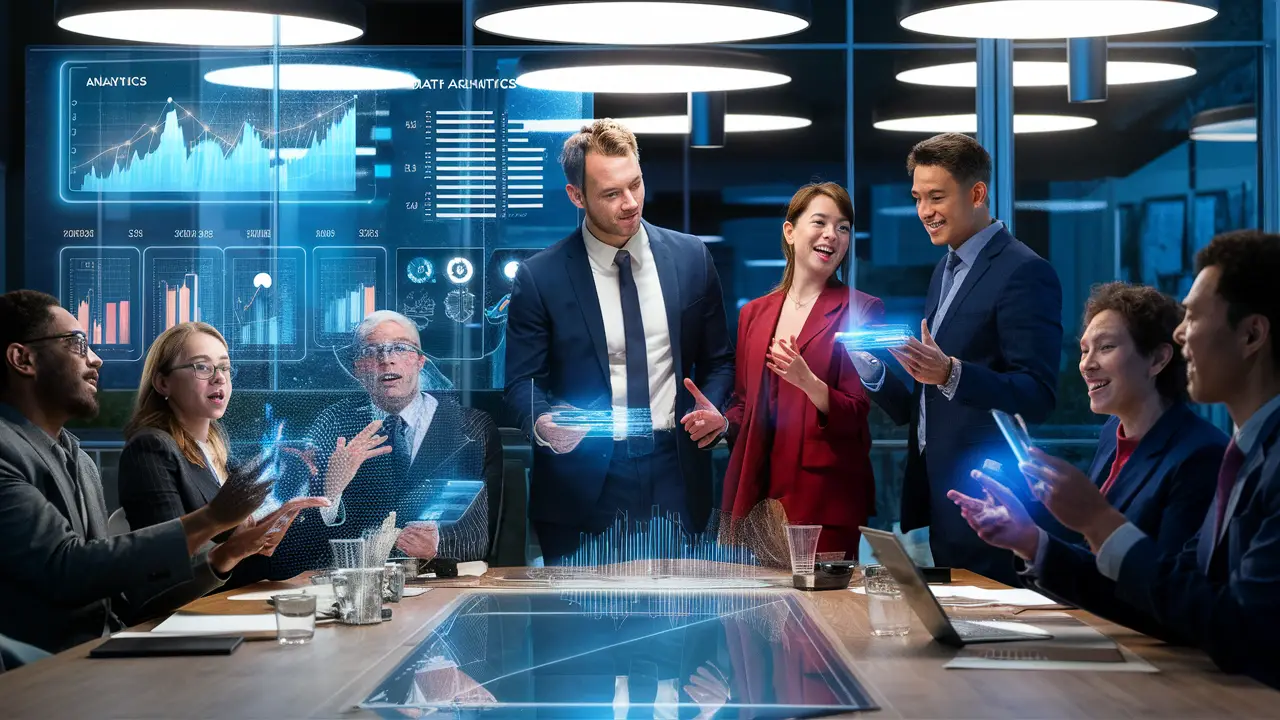 Pessoas em traje formal discutindo ao redor de uma mesa com gráficos holográficos flutuantes no escritório.