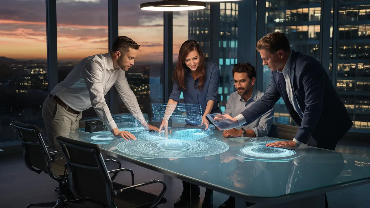 Equipe diversificada colaborando em mesa de vidro com displays holográficos em escritório moderno com vista para a cidade ao pôr do sol.