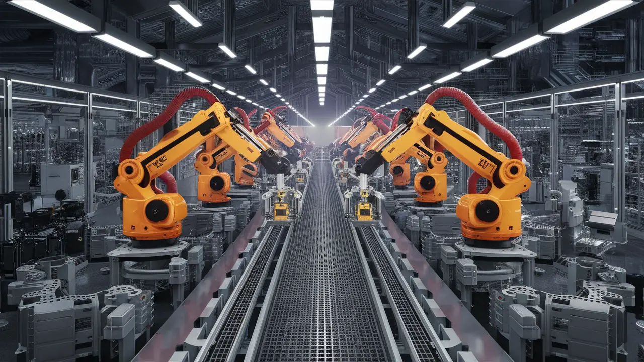 Linha de produção automatizada com robôs e esteiras rolantes em fábrica.