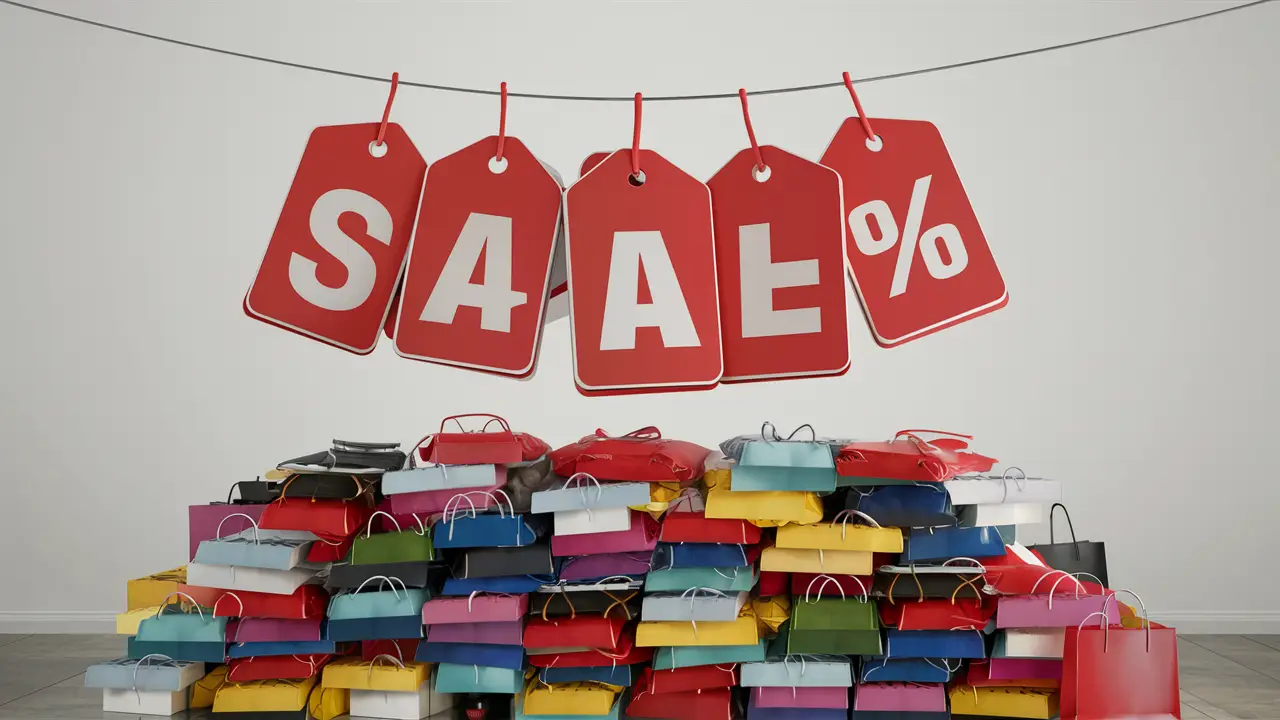 Etiquetas vermelhas de venda com números de porcentagem acima de sacolas de compras coloridas empilhadas.