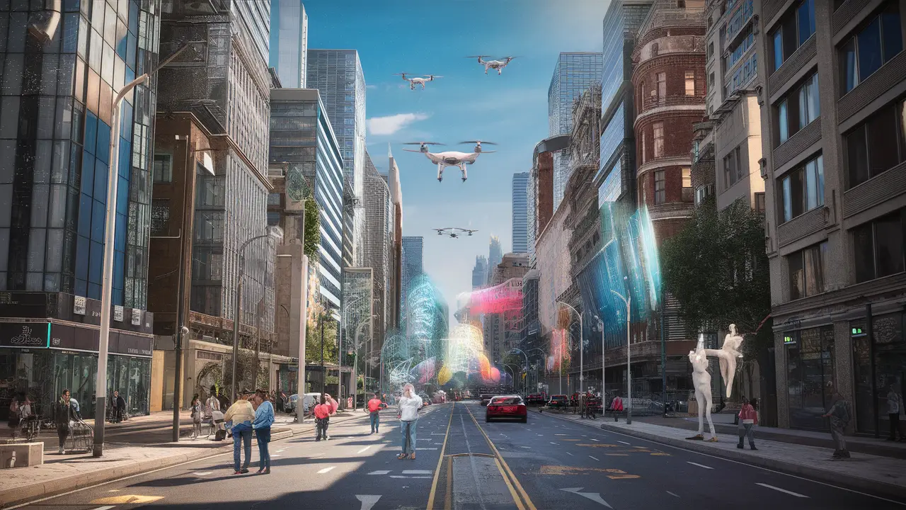 Cidade futurista com arranha-céus, drones no céu e pessoas usando hologramas nas ruas.