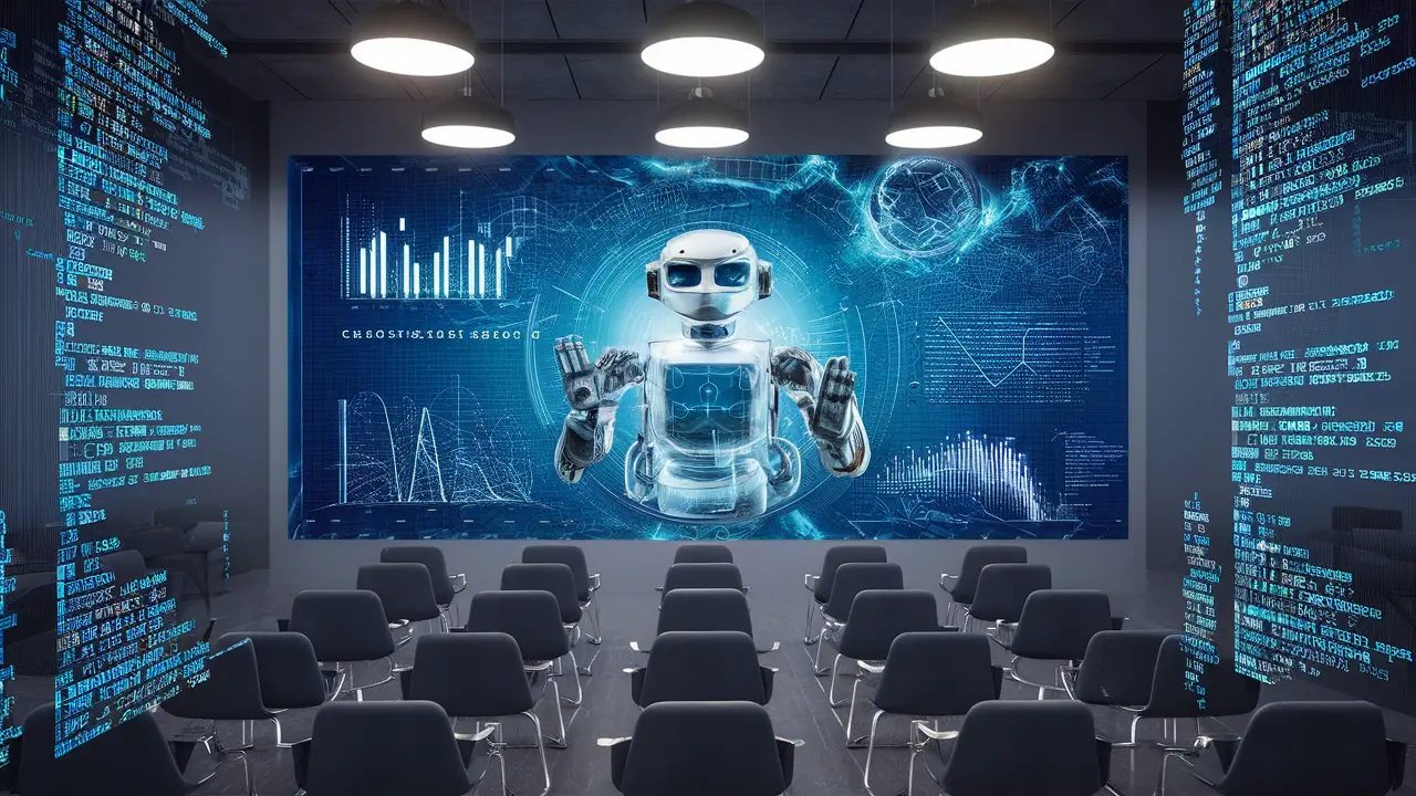 Sala moderna com mural de IA e holograma de robô, telas com códigos, em azul e prata.