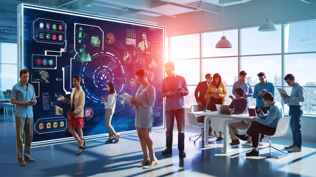 Pessoas colaborando em escritório moderno com tela digital exibindo fluxogramas coloridos e ícones.