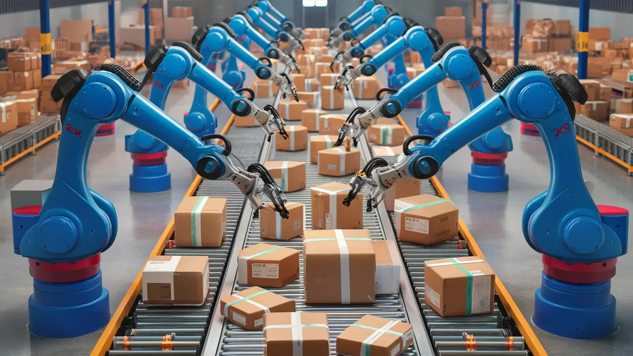 Braços robóticos azuis em um armazém organizando pacotes na esteira.