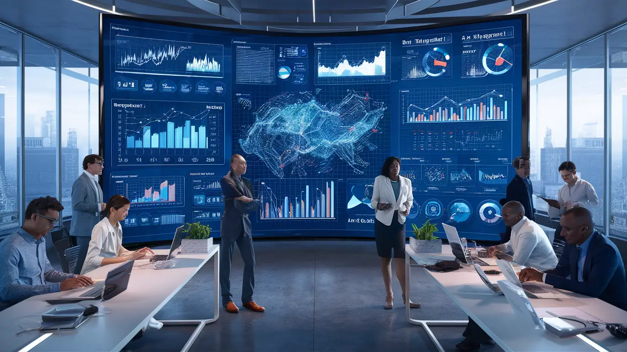 Pessoas em escritório analisam dados em tela digital grande com gráficos e insights de IA.
