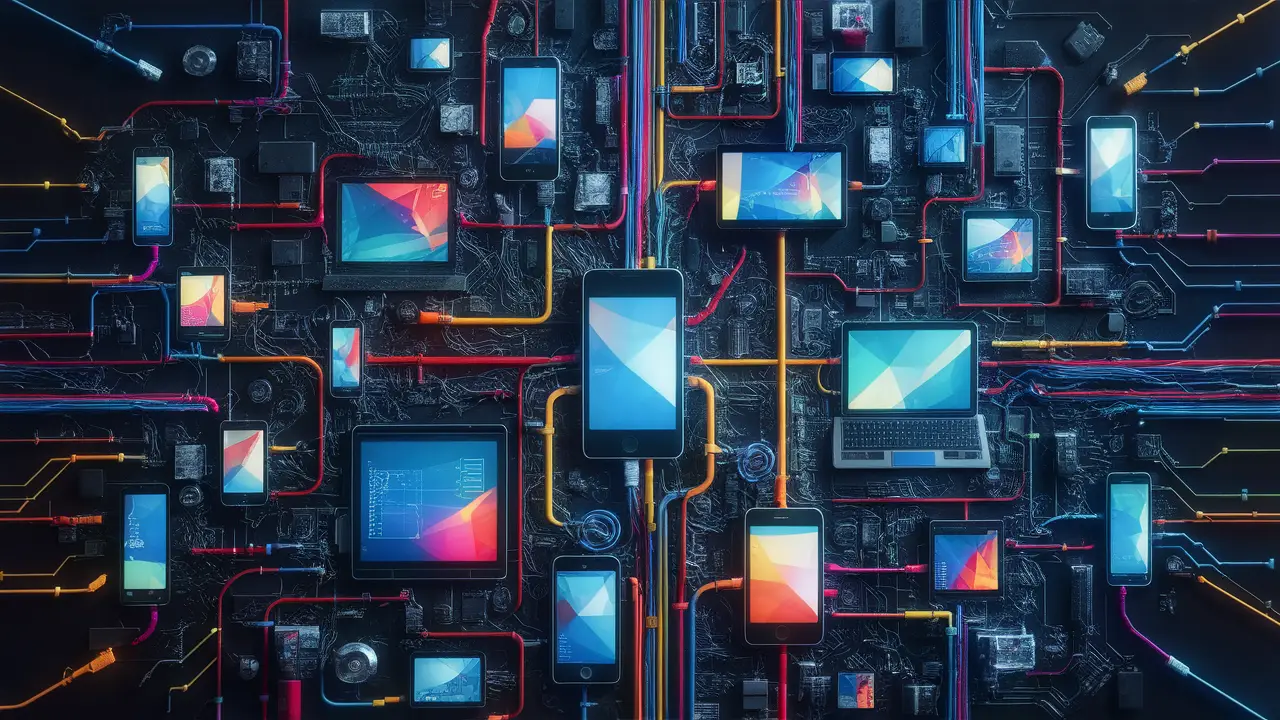 Dispositivos digitais como smartphones e laptops conectados por cabos coloridos e fluxos de dados brilhantes.