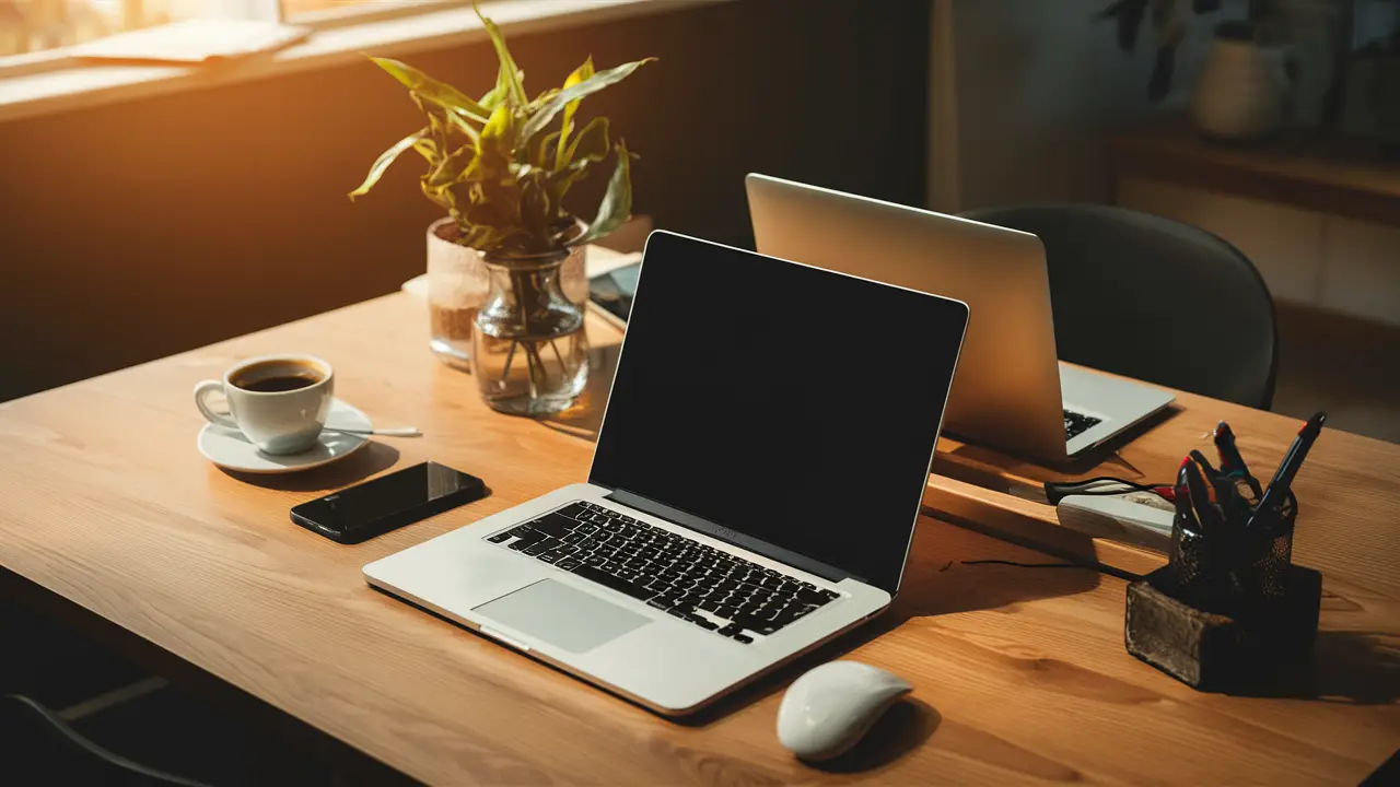 Mesa de escritório com laptop, smartphone, caneca de café e planta em vaso sob luz natural.