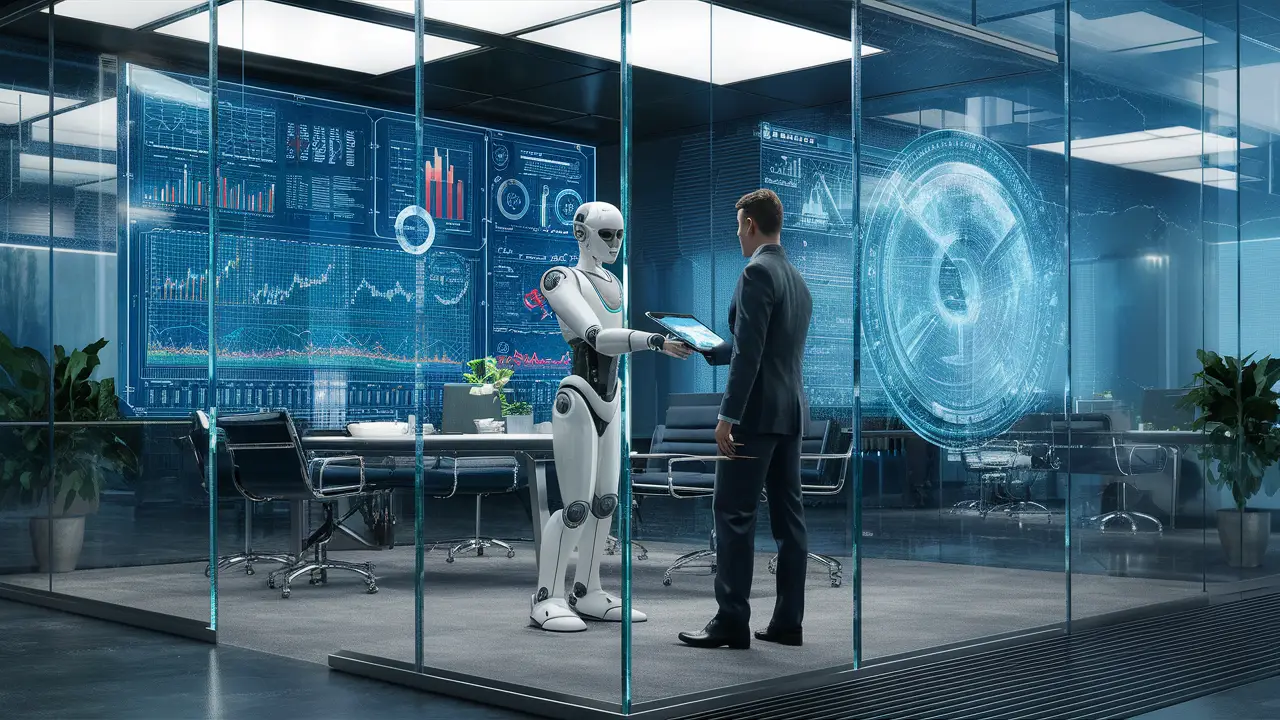 Escritório futurista com display holográfico e robô humanoide entregando tablet a uma pessoa de negócios.