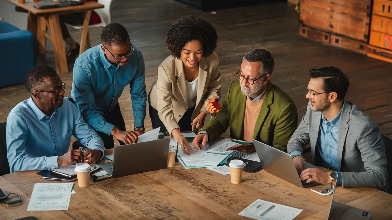 Profissionais de diversas origens colaborando em torno de uma mesa de madeira em um escritório moderno.