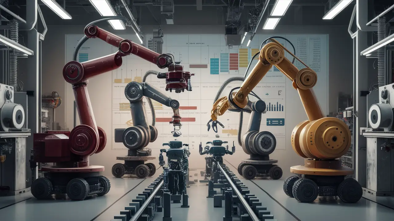 Robôs de tamanhos variados operando em uma linha de montagem em uma fábrica com engrenagens e gráficos de eficiência ao fundo.