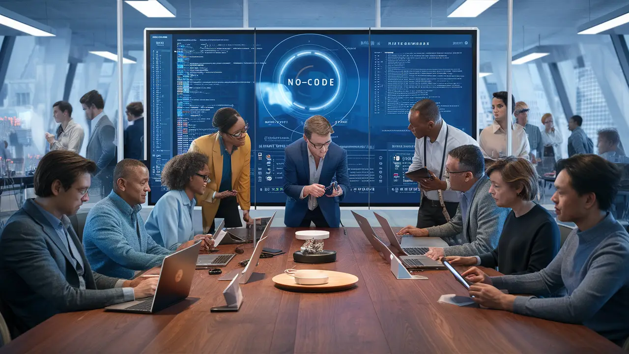 Pessoas diversas colaborando em torno de um quadro digital em um escritório moderno de plano aberto.